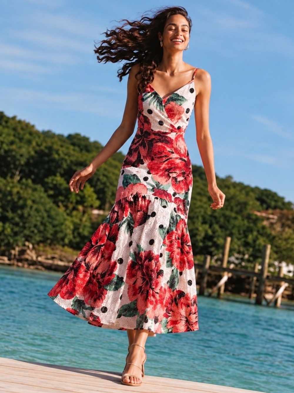 Farm Rio Anthropologie Floral Polka Dot Eyelet Maxi Dress Size 2